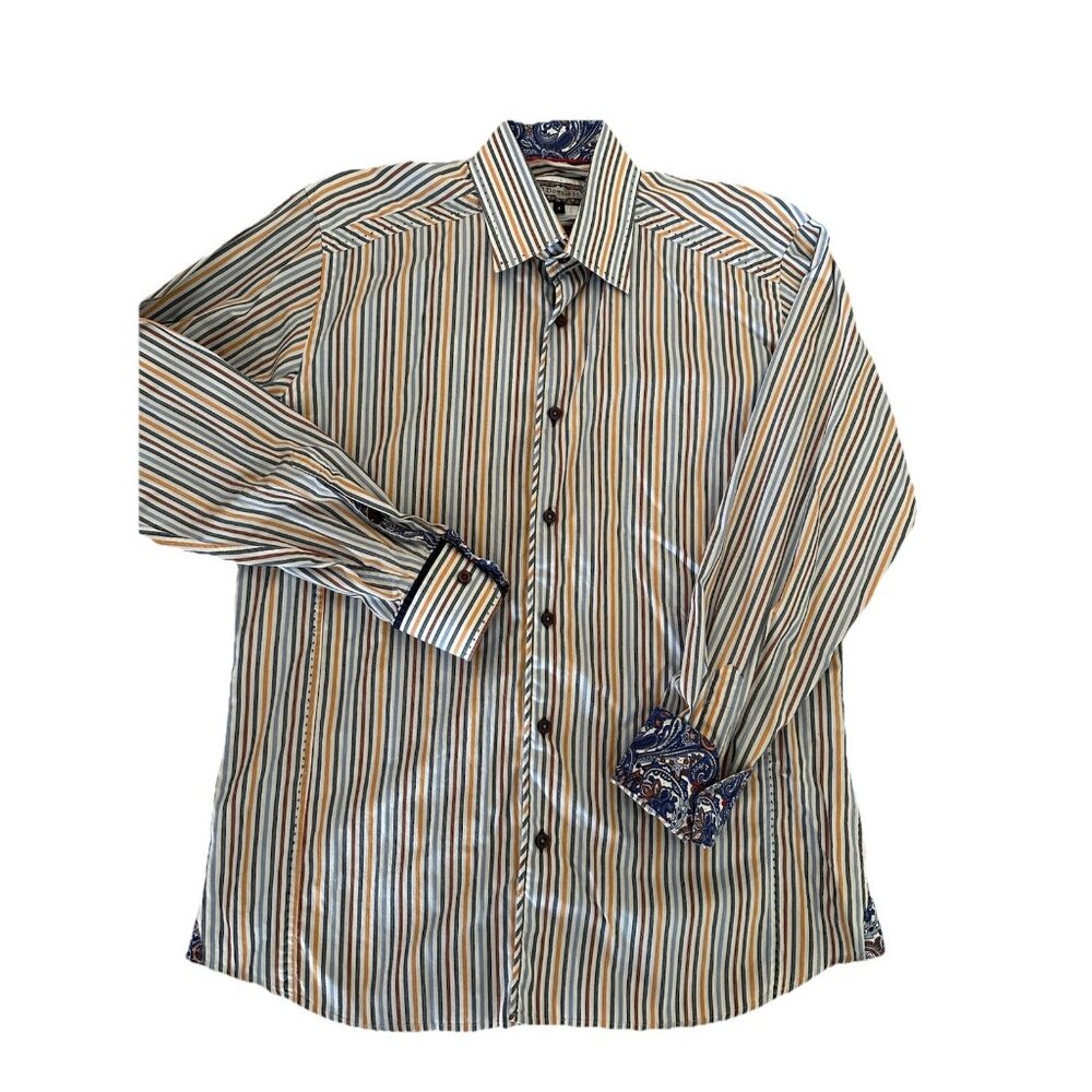 7 Downie St. Mens Button Up Shirt Size‎ 4 US L Striped Paisley Flip Cuff Preppy